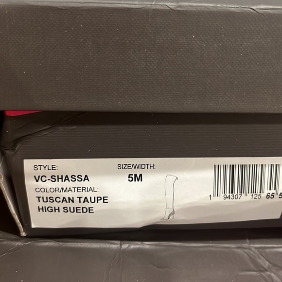 NIB Vince Camuto Shassa Taupe Suede Open Toe, Over-The-Knee Heeled Boots - Picture 15 of 15